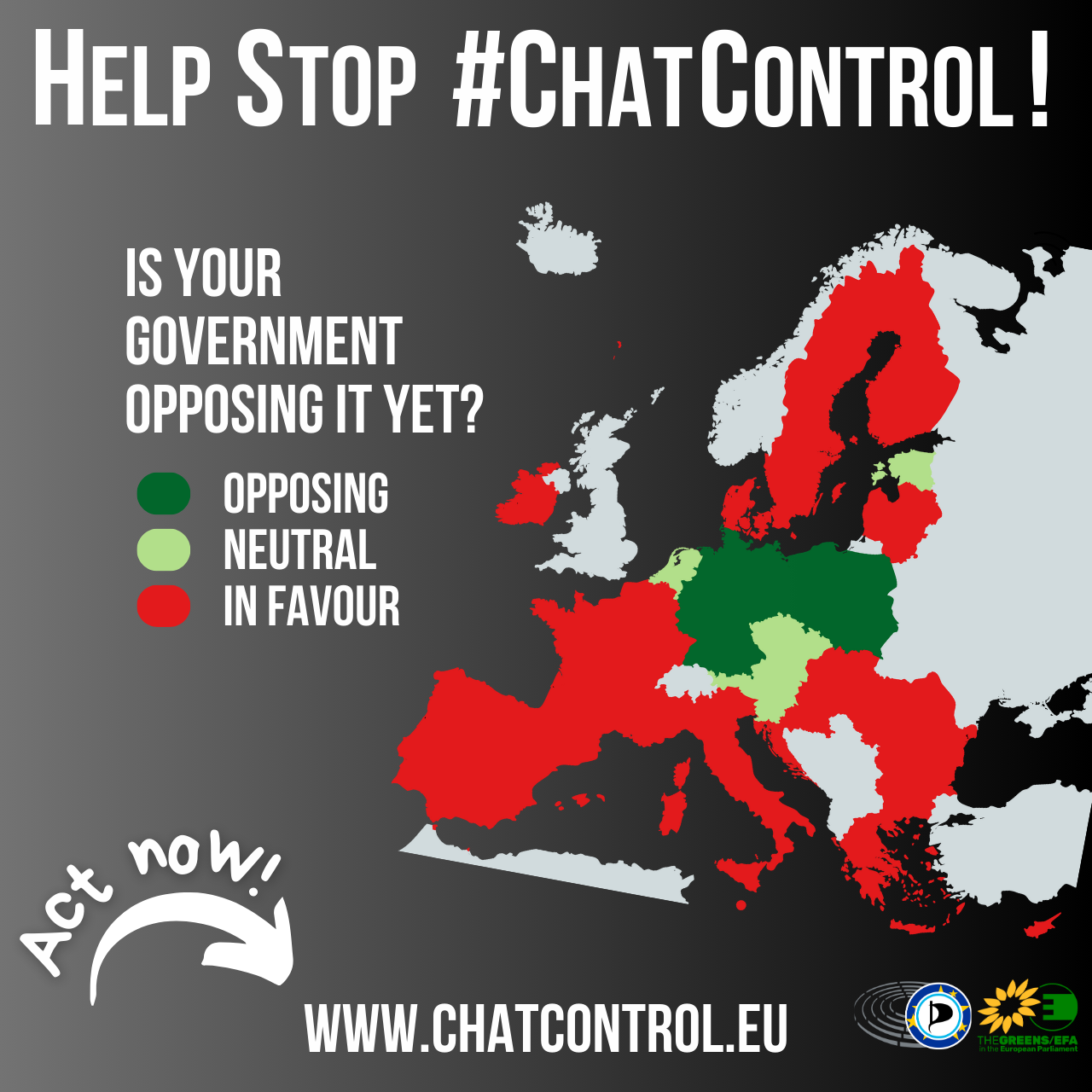 Sharepic showing a map of Europe. "Help Stop #ChatControl! Is your government opposing yet?" Showing most of the EU coloured in red, for "in favour" of chatcontrol. "Act now! www.chatcontrol.eu" and the logo of the European Pirates and the Greens Group of the European Parliament.