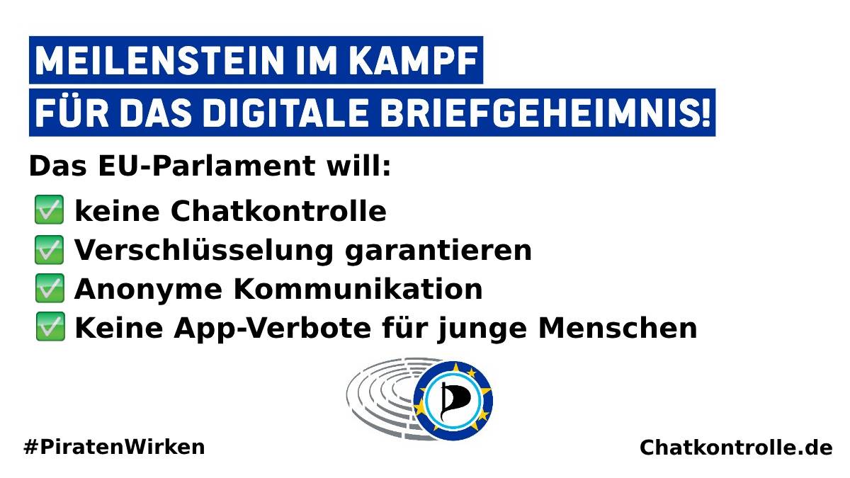 Meilenstein im Kampf für das digitale Briefgeheimnis! Das EU-Parlament will: - keine Chatkontrolle, - Verschlüsselung garantieren, - Anonyme Kommunikation, - Keine App-Verbote für junge Menschen, #Piratenwirken, chatkontrolle.de