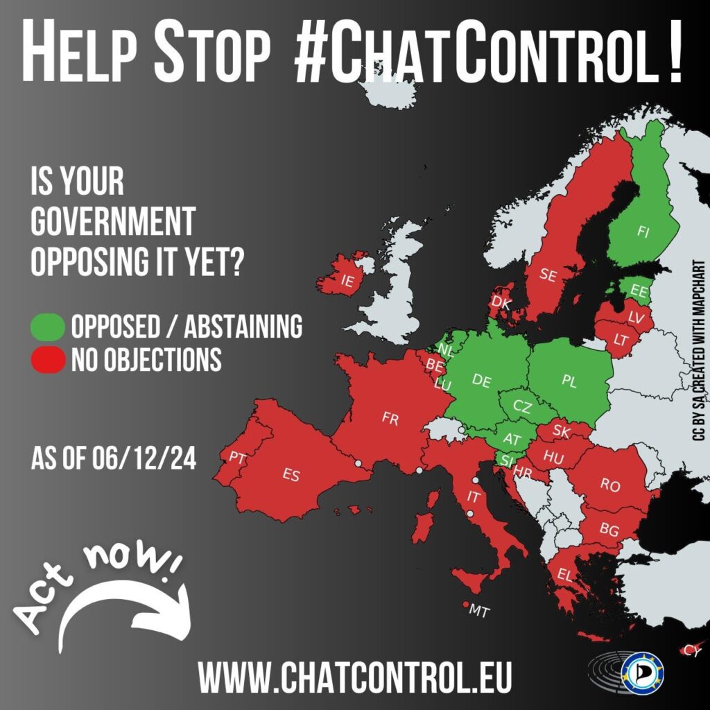 Sharepic showing a map of Europe. "Help Stop #ChatControl! Is your government opposing yet?" Showing most of the EU coloured in red, for "in favour" of chatcontrol. "Act now! www.chatcontrol.eu" and the logo of the European Pirates.